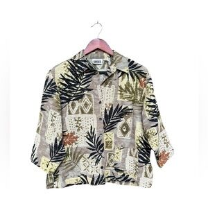 Vintage Chico's Design Shirt Size 1 Silk Linen Blend Tropical Print 3/4 Sleeve